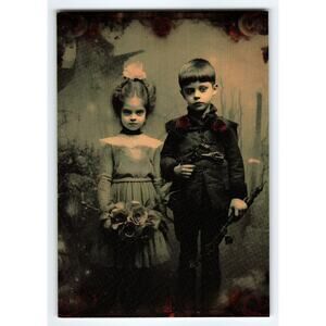 Vintage Photochrome Halloween Postcard with Gothic Children & Roses